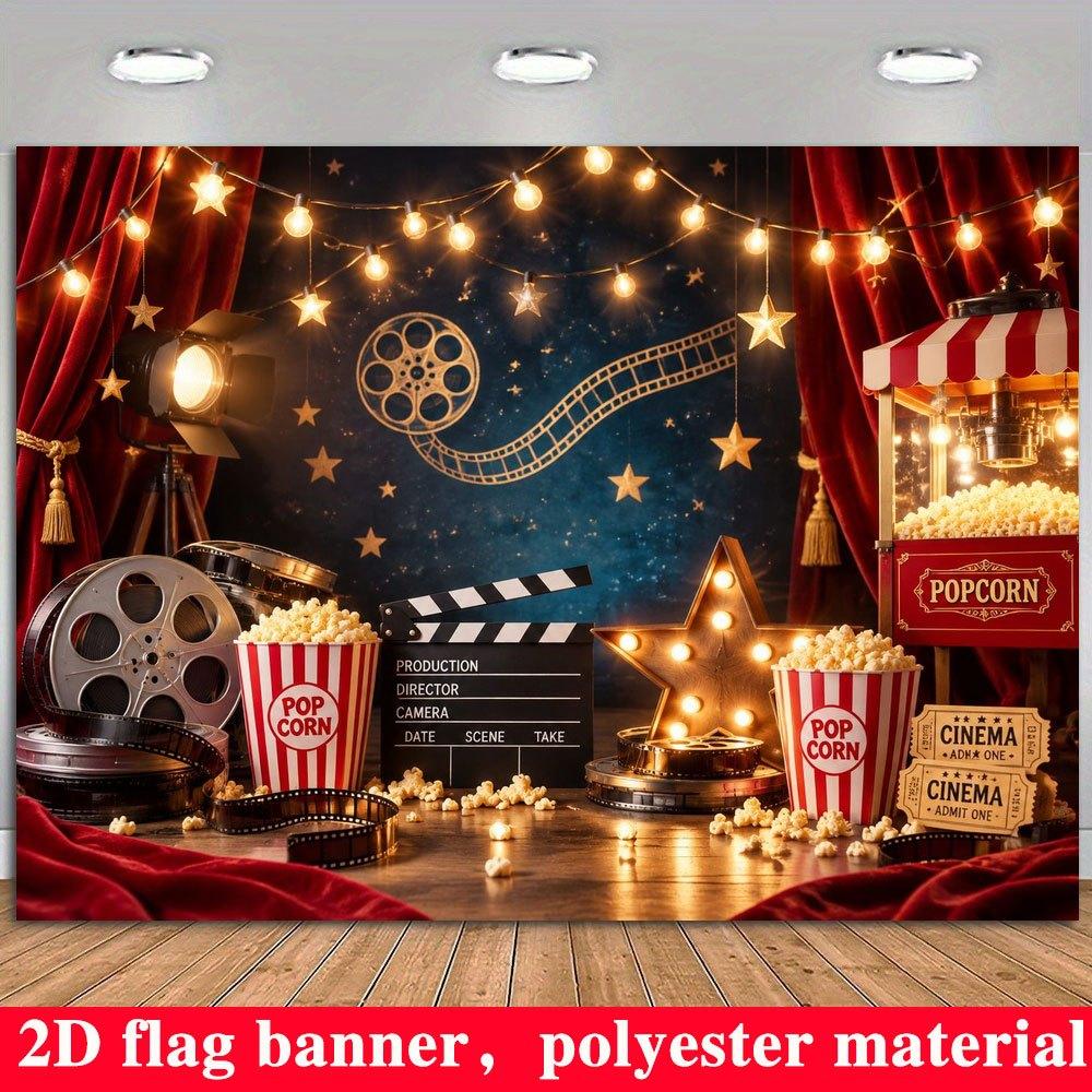 2D Flat Banner, Retro Cinema Party Backdrop, Film Reels, Clapperboards, Popcorn, Polyester, Party Decoration, Holiday Gift
