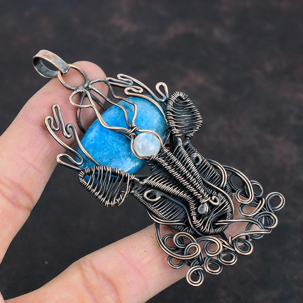 Neon Apatite Pendant Copper Wire Wrapped Pendant Rainbow Moonstone Pendant Handmade Deer Face Pendant Copper Gemstone Jewelry Gifts For Him