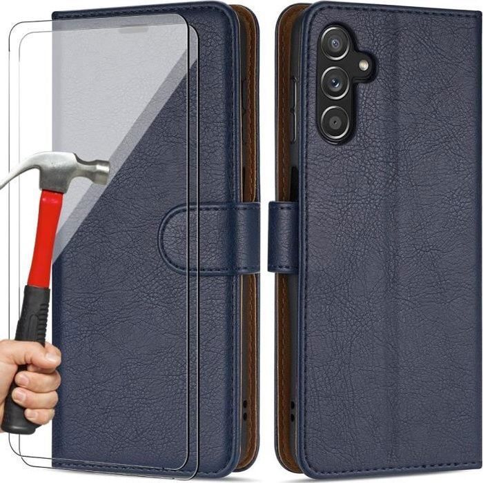 Lot de 2 Verres Trempés+ Coque pour Samsung A14 4G/5G - BOOLING - Intégrale Anti-Rayure Effet Cuir Bleu Marine