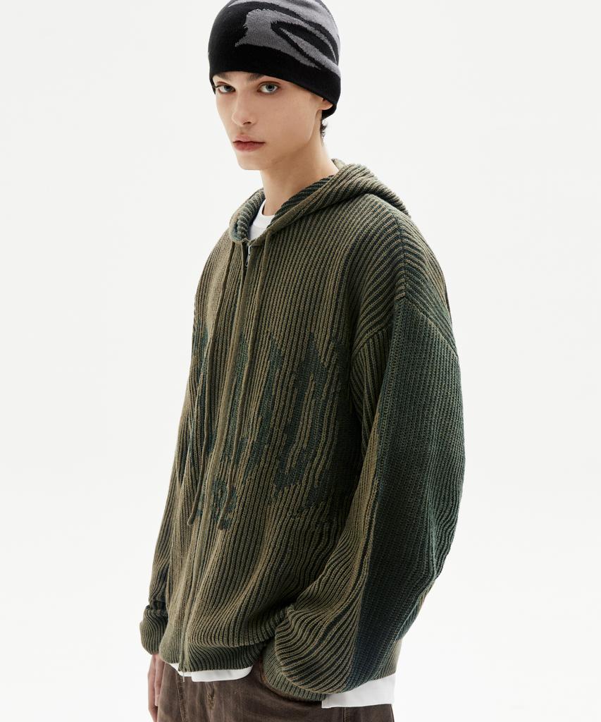 TRILLION Washable Two-Tone Hooded Zip-Up Graphic Knit (Khaki)
