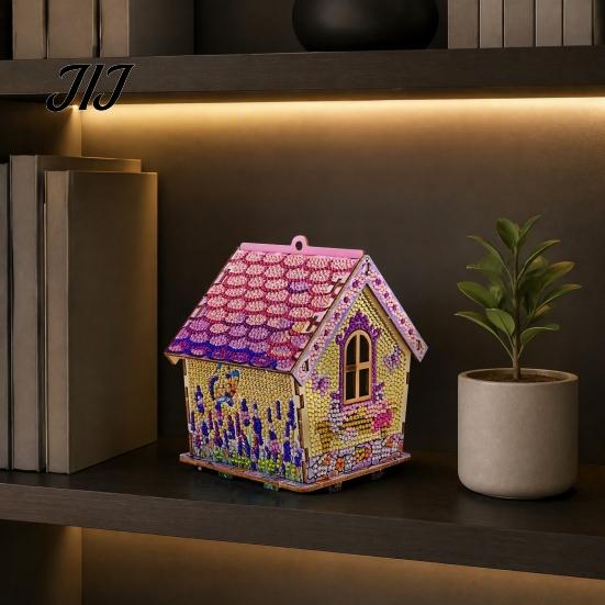 Handmade Desktop Crafts 3D Christmas House Rhinestone Painting Kit, DIY Wooden Sunflower Hut Craft Set Cabin, Handicraft Arts Ornament for Decoration