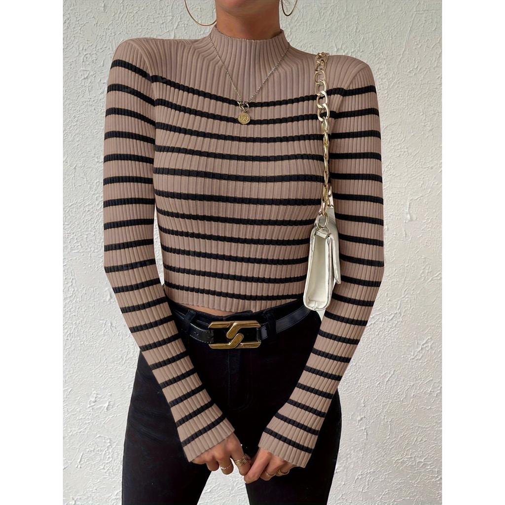 Узкий свитер с воротником-стойкой в полоску, стильный свитер с длинными рукавами и резинкой для осени и зимы, женская одежда