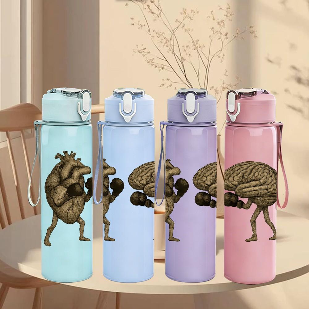 1PC Brain Boxing Challenge Cartoon 750ml Color Plastic Sports Water Bottle Leakproof Flip Straw Lid Suitable for Sports Office Home Use