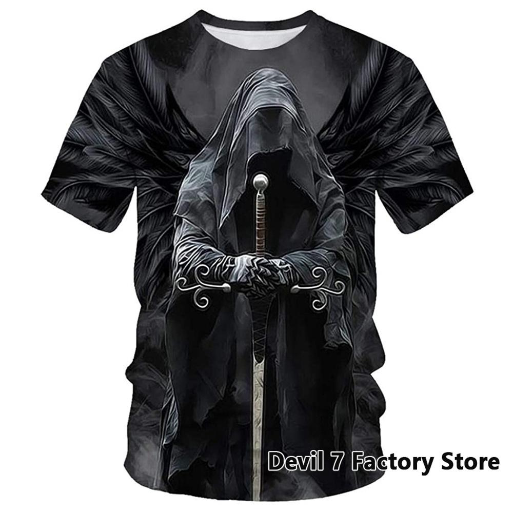 Summer Oversized T Shirt Men 3D Printed Skull Angel Graphics Tees Fashion Clothes Man Tops Streetwear Round Neck Short Sleeves