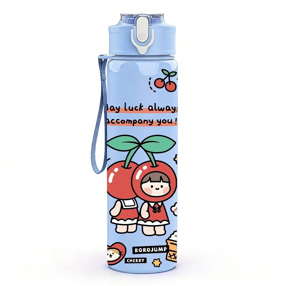 1PC Cherry Fruit Girl Quote Art 750ml Color Plastic Sports Water Bottle Leakproof Flip Straw Lid Suitable for Sports Office Home Use