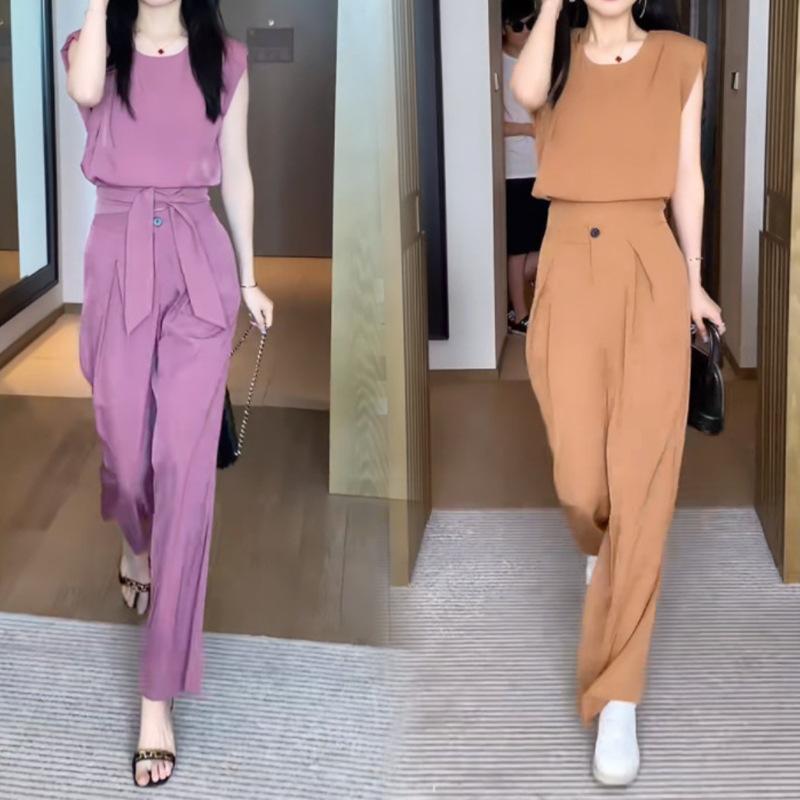 Summer Fashion European American Style Elegant Wide Leg Pants Two Piece Suit