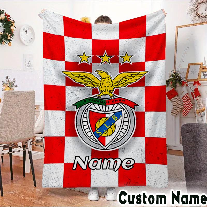 Custom Name Benfica Football Crest Throws Blanket Flannel Blankets for Couch Bed Gifts for Men Women Picnic blanket Christmas fan gifts