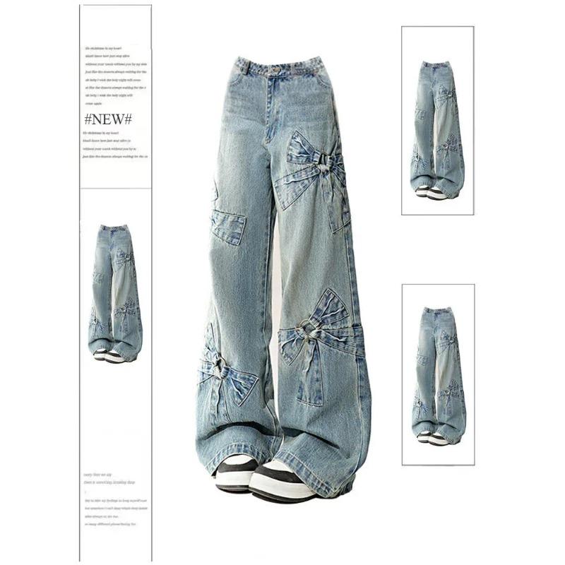 Women Blue Bow Jeans Harajuku Y2k Japanese 2000s Style Aesthetic Baggy Denim Trousers Oversize Jean Pants Vintage Trashy Clothes