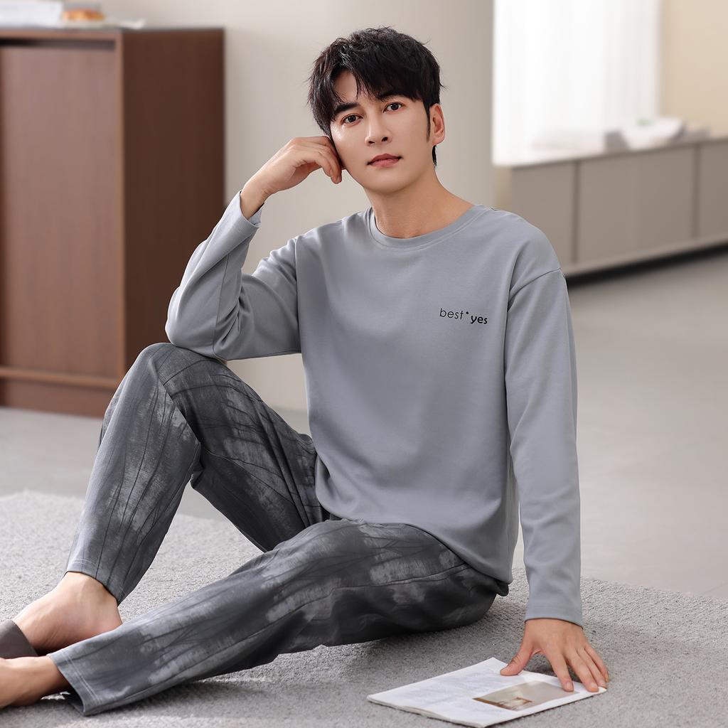 Pajamas Men'S Autumn Thin Cotton Long Sleeve Spring And Autumn Simple Wear Loungewear Suit