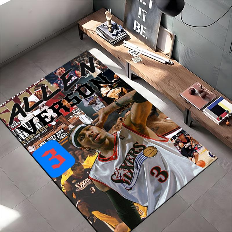 Sports Area Rug, Allen Iverson 76ers 3 SLAM Magazine Collage White Jersey Poster, Fan Cave Decor, Non-Slip Mat