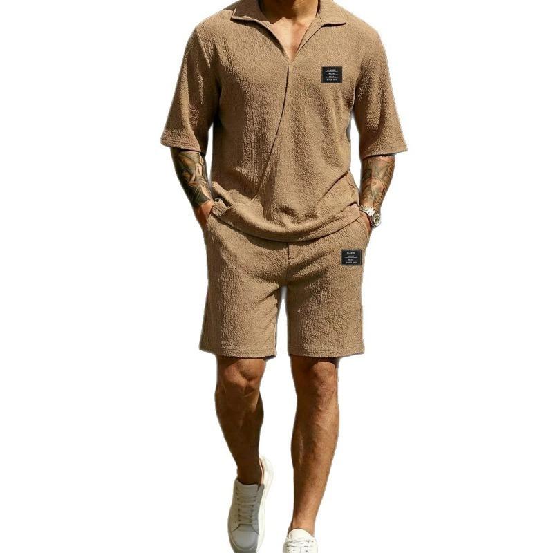 Mens Light Blue Terry Cloth Polo Shirt and Shorts 2-Piece Set