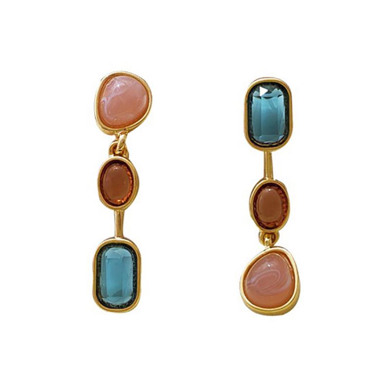 Асимметричные серьги с цветными драгоценными камнями для женщин, серебряные игольчатые серьги среднего антикварного контраста, дизайн Sense