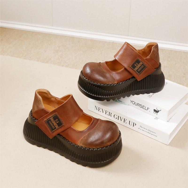 Johnature Туфли из натуральной кожи на толстой подошве с завышенной талией, женские туфли в стиле ретро с круглым носком на плоской платформе