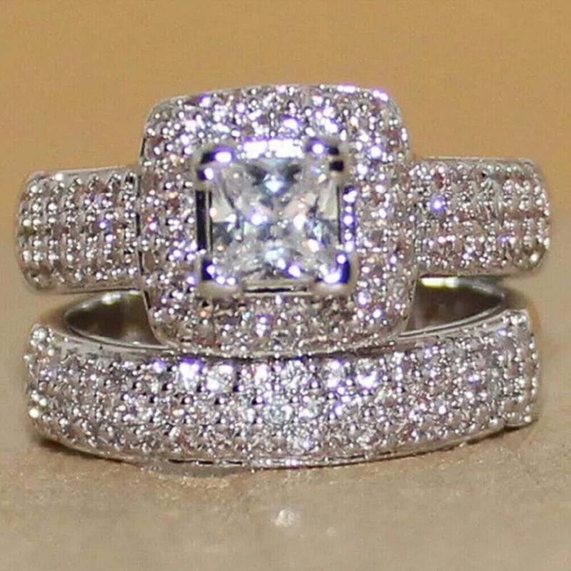 Gorgeous Wedding Set Rings for Women Micro Paved Brilliant Cubic Zirconia 2Pcs Bridal Marriage Engagement Rings Jewelry