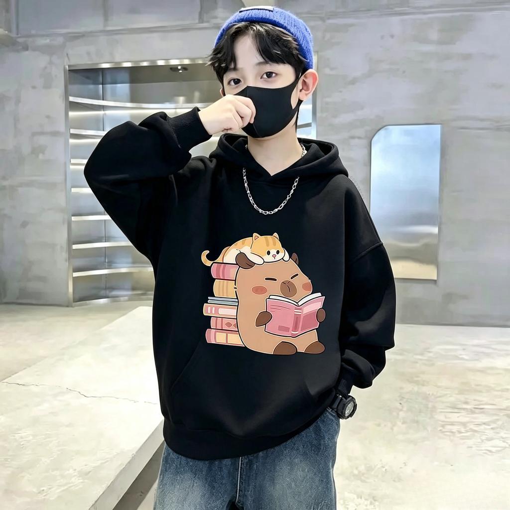 Best-selling fall/winter fun guinea pig pattern reading book hoodie. Trendy teenage cat print casual hoodie.