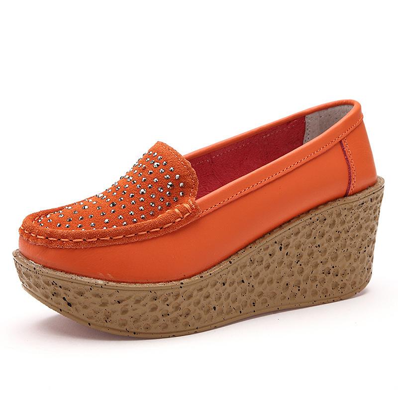 Женские туфли из натуральной кожи на танкетке, женские туфли без шнуровки на плоской подошве с кристаллами, высокий каблук 7 см, толстая подошва, повседневные лоферы на мелкой подошве, новинка