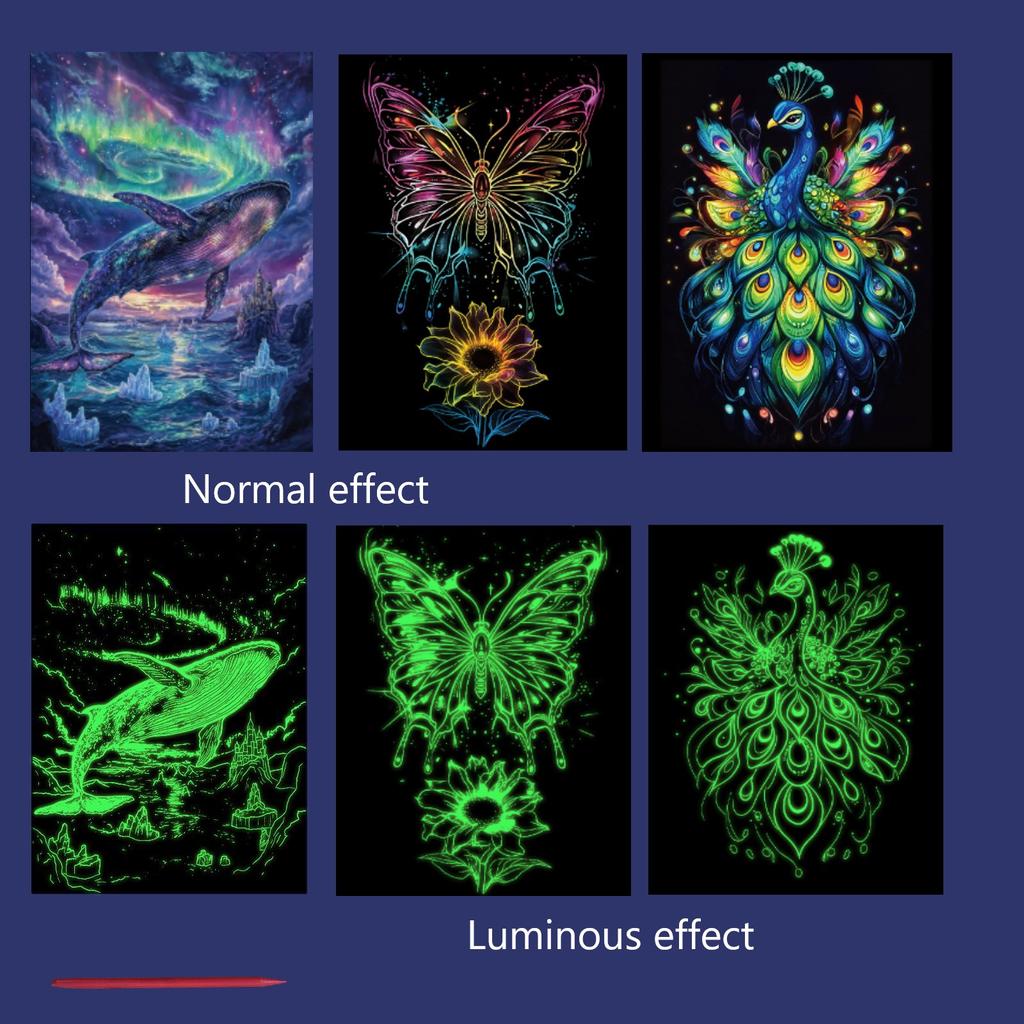 4 Pcs Noctilucent Scratch Rainbow Painting Art Paper,Scratch Painting Creative C Gift,Diy Art Craft Ocean Butterfly And Peacock,