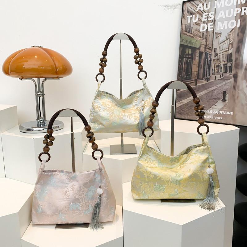 Стильная шелковая жаккардовая сумка-тоут для женщин с элегантным винтажным дизайном в розовом, желтом и белом цветах