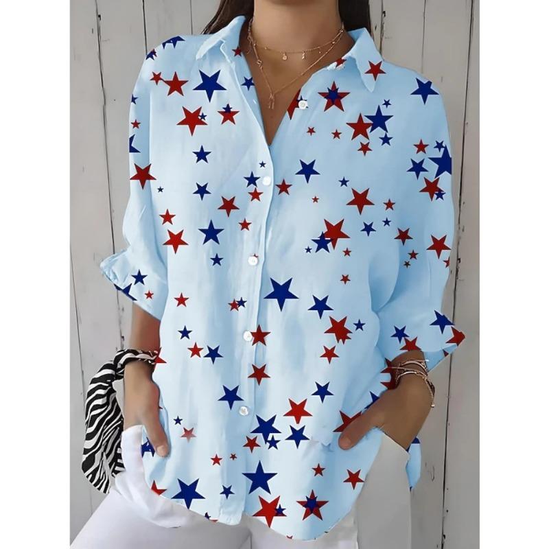 Women's Long-Sleeve Shirt Star-Print Button-Down Collar Fashionable Breathable Shirt Casual Everyday Loose-Fit Versatile Shirt