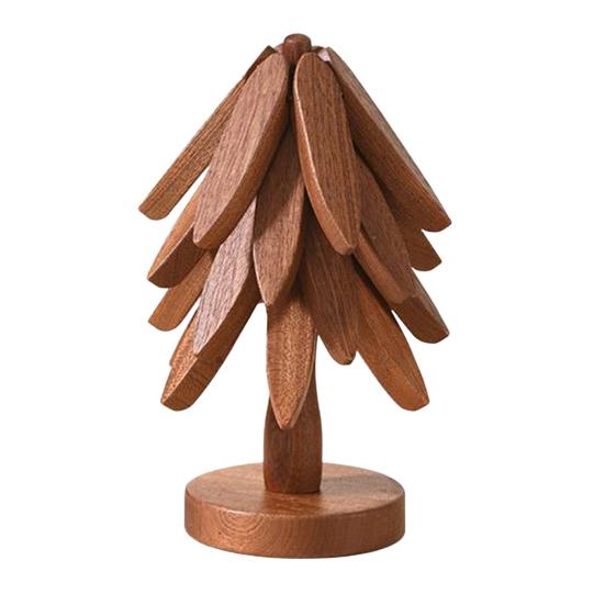 1 Set Christmas Tree Coaster with Base 4 Layers Tree Shape Wooden Trivet Anti-scald Heat