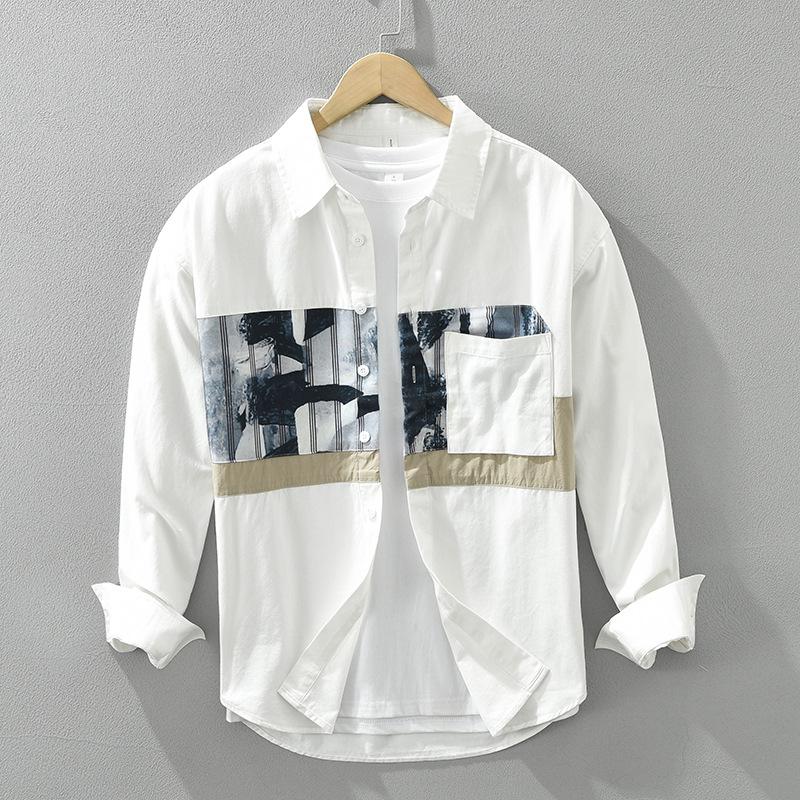 Корейская модная белая рубашка с длинным рукавом, мужская весенне-летняя мужская одежда из чистого хлопка, уличный стиль, свободный топ, лоскутная рубашка с принтом и карманом