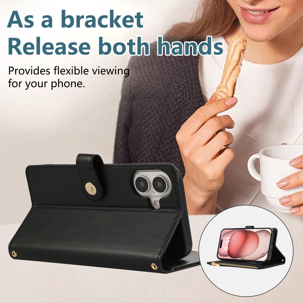 For iPhone 16 Case Multi Card Slots Zipper Rhombus Leather Phone Cover with Wrist Strap