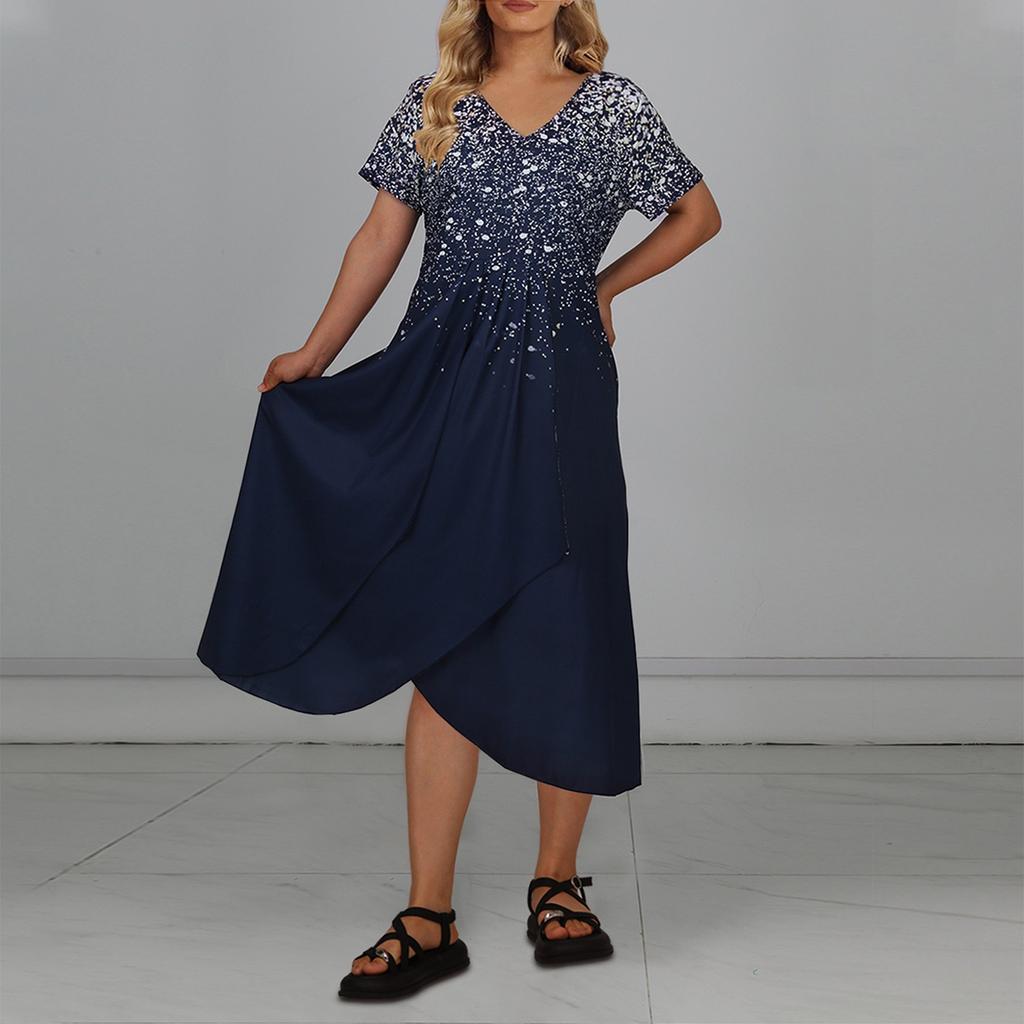 Женское повседневное большое длинное платье с v-образным вырезом и молнией с короткими рукавами и вставками с принтом