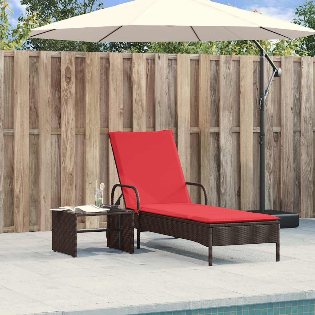Sun Lounger with Wheels and Cushion Brown Poly Rattan