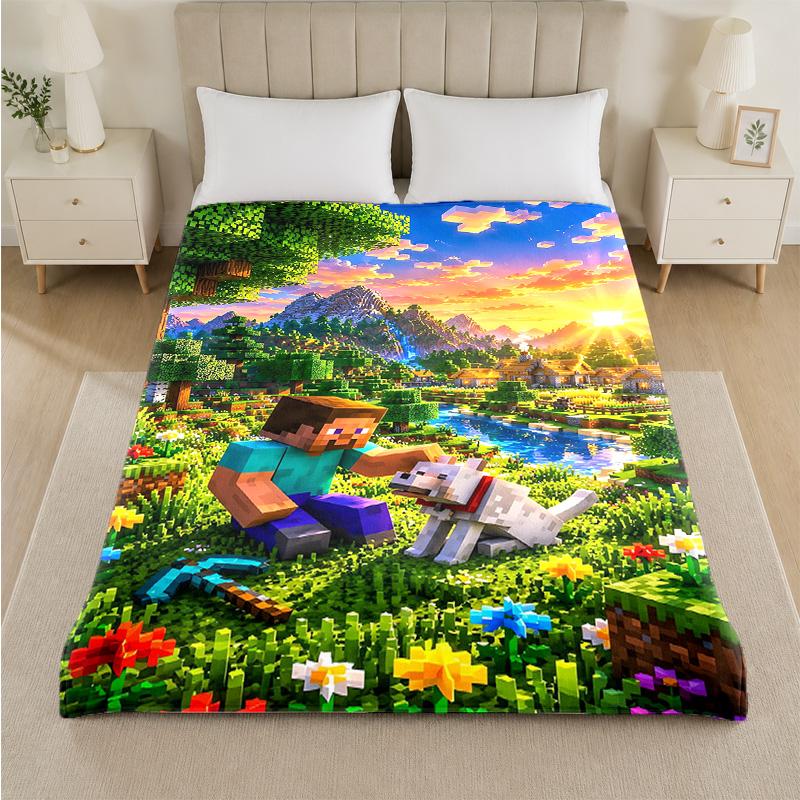 Minecraft Print Flannel Blanket Cozy Warm Plush Throw Blanket For Bed Sofa Couch Indoor Household Use