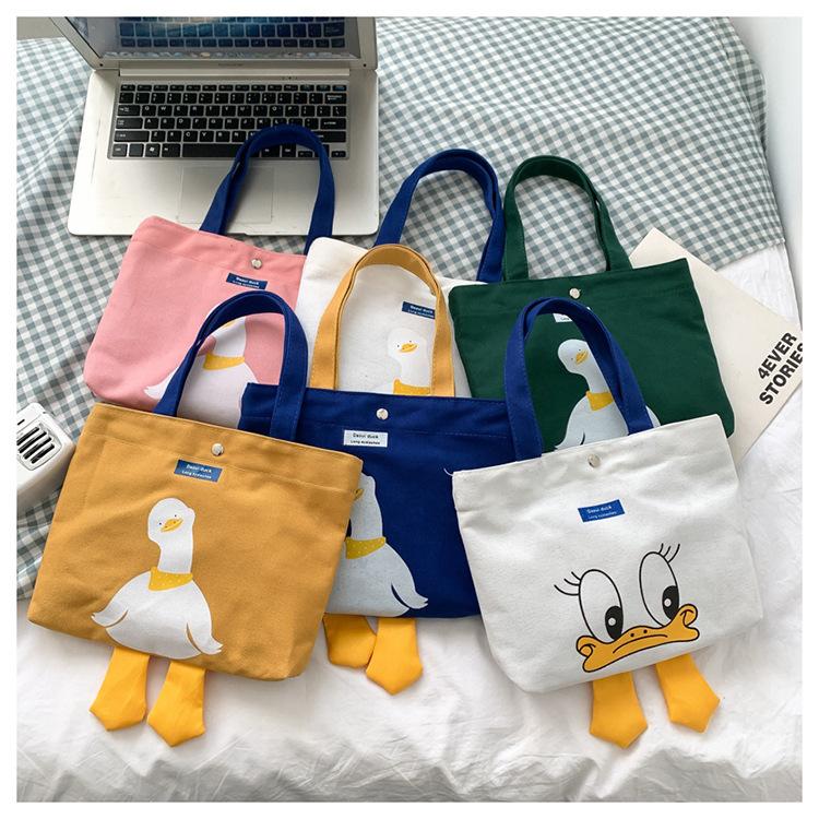 Cute Duck Canvas Tote Bag for Women, Small Handheld Shoulder Purse, Kawaii Cartoon Crossbody Bag for Daily Outings KTB