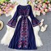 New Fashion Dress Women V Neck Contrast Color Embroidery Design Flare Sleeves A-line Long Female Dresses