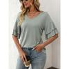 Женская весна-лето, новые однотонные футболки с коротким рукавом и V-образным вырезом, оборками на рукавах