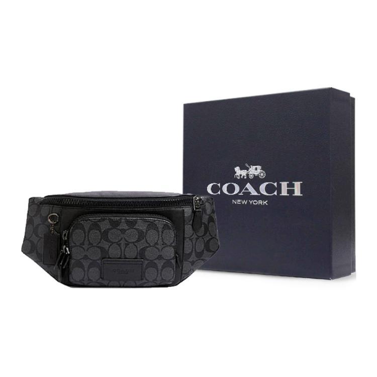 COACH Track Coated Canvas Smooth Cow Leather Fanny Pack Large Men's Black (Unisex) Fanny Packs C3765 QBMI5
