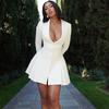 Women Elegant White Single-breasted Pleated Mini Dress Fashion Deep V-neck Long Sleeved A-line Dressses Lady Streetwear