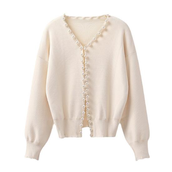 Вязаный кардиган с открытым передом, круглым воротником, длинными рукавами, свитером, пальто с отделкой из искусственного жемчуга, однотонная теплая верхняя одежда