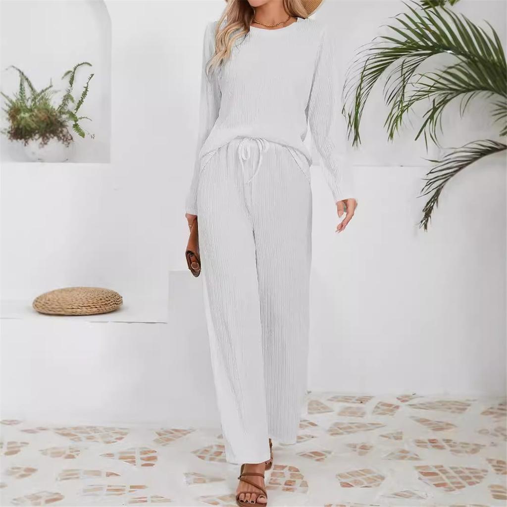 Женские комплекты свободного покроя из трикотажного жаккарда с длинными рукавами и круглым вырезом, брюки с высокой талией и завязками