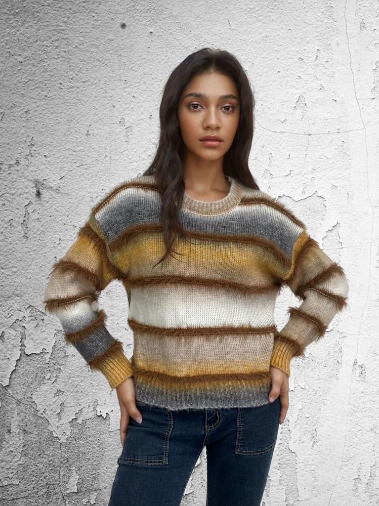 Gradually Change The Contrasting Color Strip Short Sweater Autumn And Winter New Pullover Loose Sleeve Knitted Sweater Top