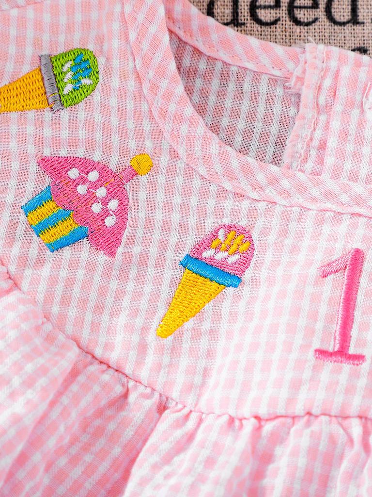 Infant Girls' 1st Birthday Embroidered Ruffle Bodysuit, Pink Stripe Cotton Sleeveless Romper