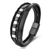 Men's Black Leather Bracelet Double Layer Rope Simple Stainless Steel Braided Handmade Wristband Outdoor Jewelry Accessories