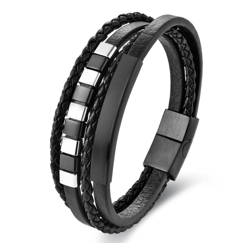 Men's Black Leather Bracelet Double Layer Rope Simple Stainless Steel Braided Handmade Wristband Outdoor Jewelry Accessories