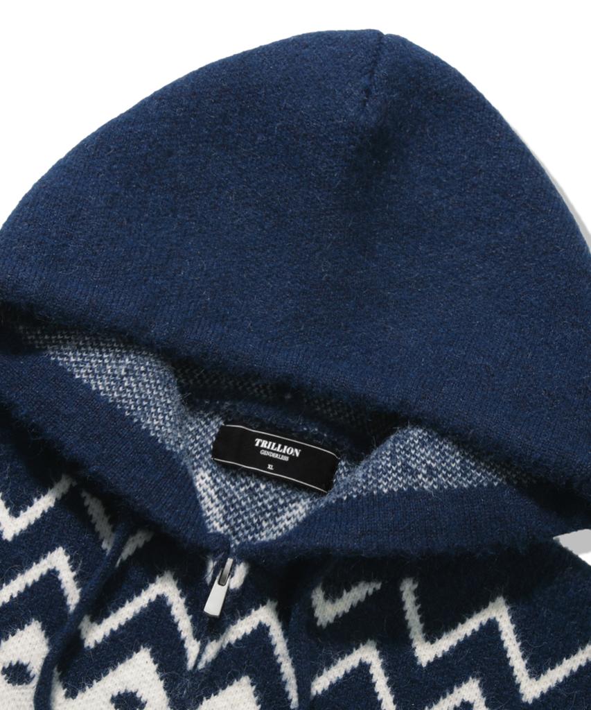 TRILLION Washable Wool Star Nordic Hooded Zip-Up Knit_Navy