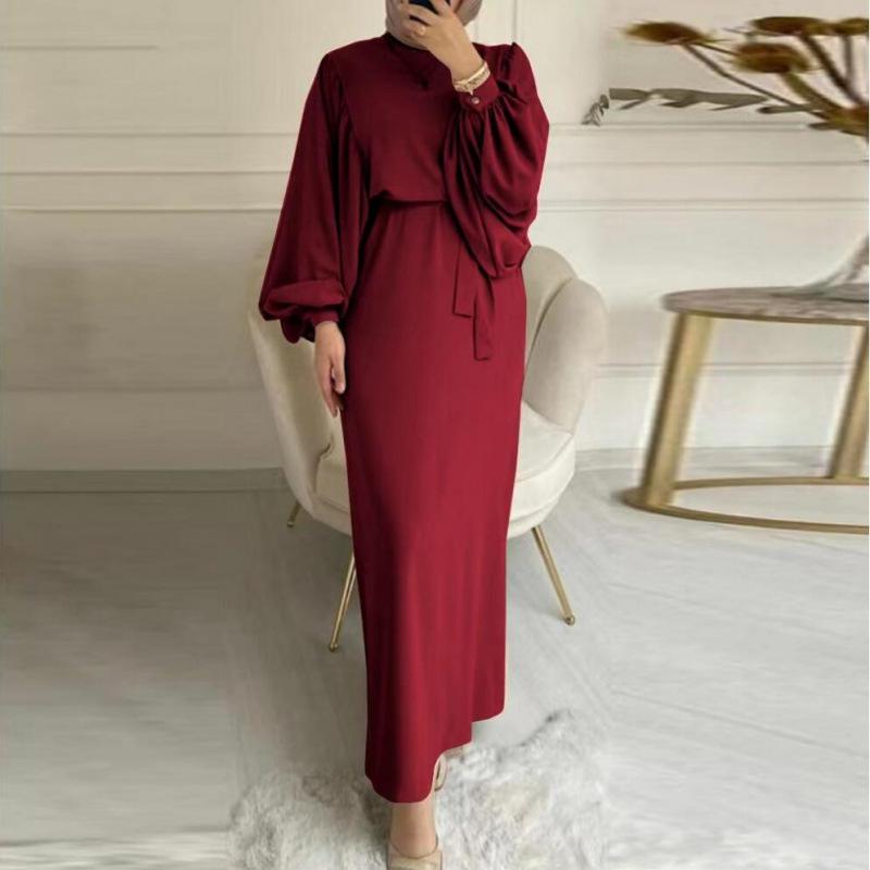 Southeast Asian Fashion Lantern Sleeves Waist Hip Crewneck Long Sleeve Women's Dress Plus Size