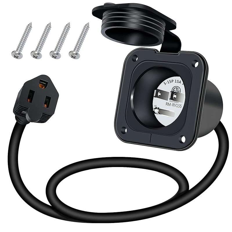 15 Amp Inlet, 125V Shore Power Inlet Power Inlet Port Plug NEMA 5-15P Male Receptacle RV Flanged Inlet With Waterproof Covers 2 Pole 3-Wire ETL