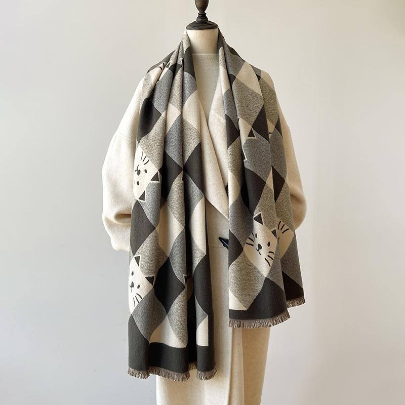 Elegant Ladies' Animal Cat Pashmina Autumn Winter Thick Warmth Double Sided Tassel The Shawl Coldproof Windproof Blanket Scarf