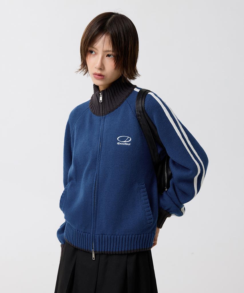ODDSTUDIO Sporty Track Semi-Crop Knit Zip-Up - Blue