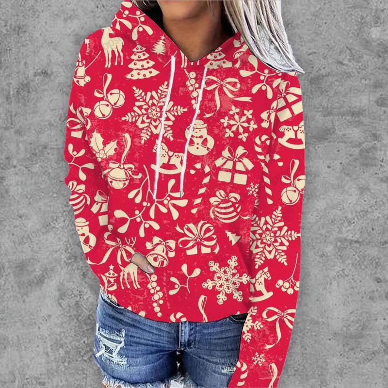 2026 Christmas Trend 3D Digital Print Hooded Sweatshirt Women Casual Streetwear Long Sleeve Pullover
