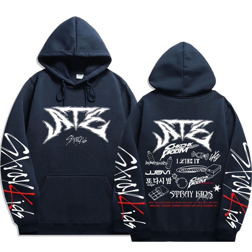Худи Stray Kids ATE, Белый логотип ATE на груди, Принты на рукавах и ATE с рисунком треклиста Chk Chk Boom и именами участников на спине, Оверсайз пуловер для фанатов K‑Pop