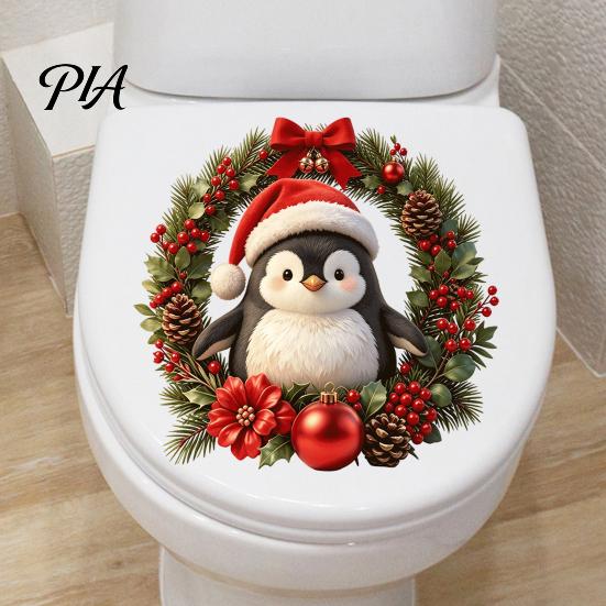 Holiday Wall Art for Bathroom Christmas Penguin Toilet Stickers, Self-Adhesive Lid Decals, Waterproof Xmas Easy Apply Stickers Decor Tank Tile