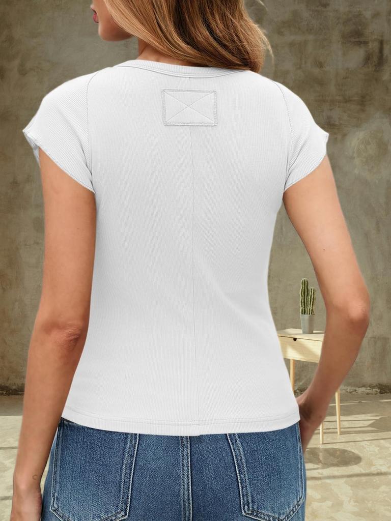 Womens Ribbed Knit T Shirt Cap Sleeve Crew Neck Slim Fit Summer Basic Top