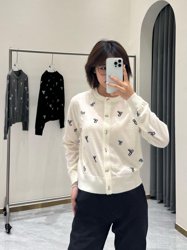 Spring MIU Series Slim Wool Bow Jacquard Cardigan